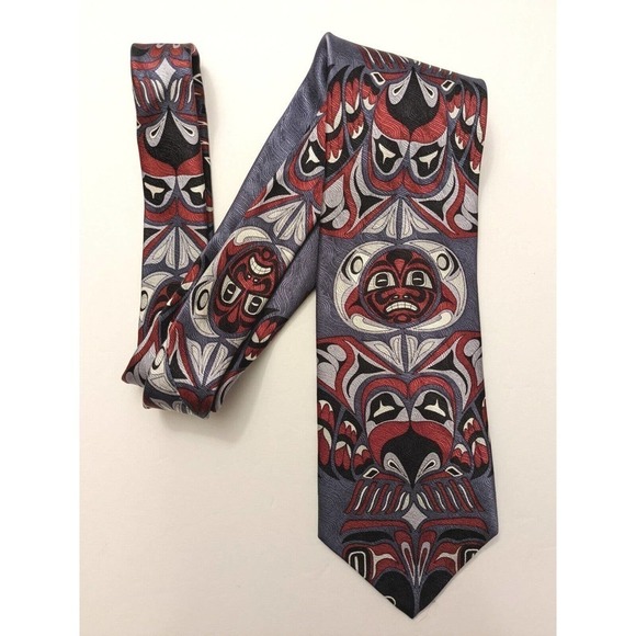 Oscardo Silk Tribal men's Neck Tie Gray Red tiki totem - Picture 1 of 4